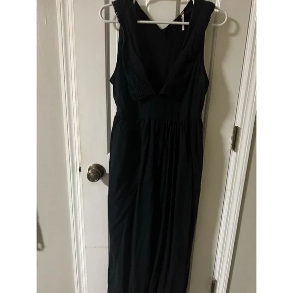 Free People Big Love Black Linen‎ Blend Wide Leg Jumpsuit Size Small Boho - Picture 2 of 6